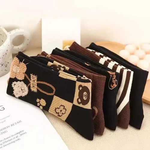Soft Cotton Thin Fabric Cute Cartoon Women Crew Socks 5 Pairs Breathable Girls S
