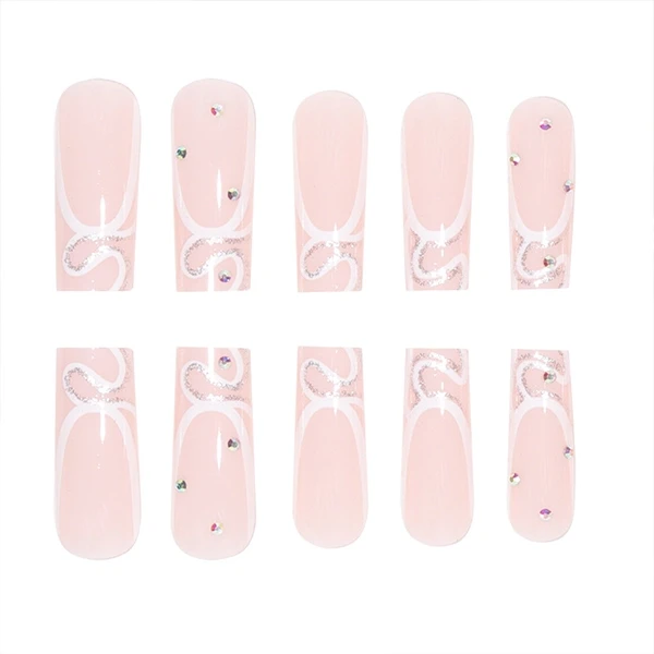 Crystal White Fake Nails Set 24 High-Quality Long Square Design Nails Stunning C