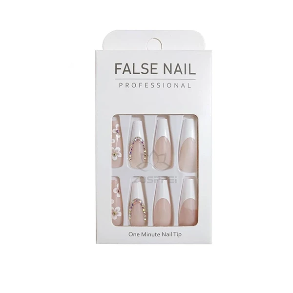 Floral Crystal Decorated Long Square Fake Nails for Women Set of 24