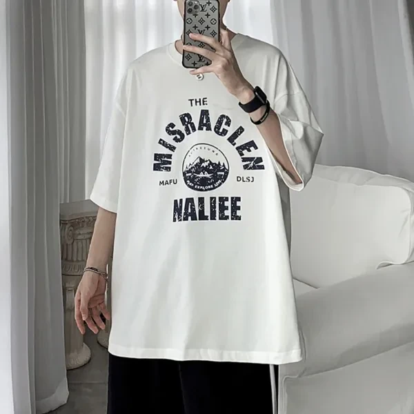 Letters Print Loose Design Half Sleeves Men T-Shirt Versatile Round Neck Casual