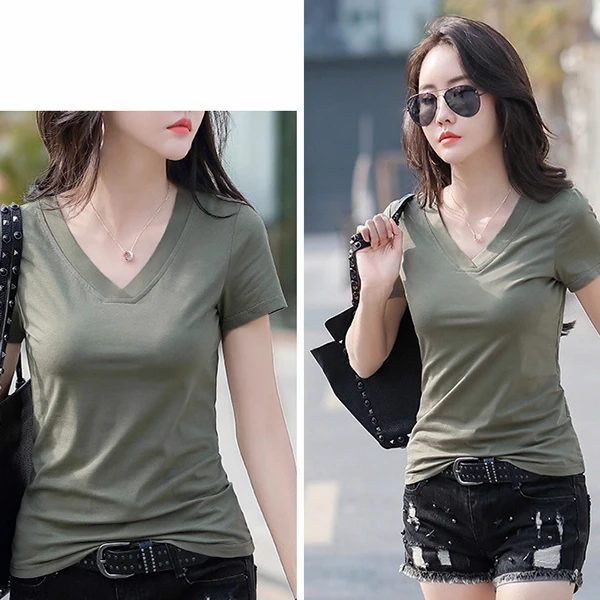 Light Green Plain Color V Neck Short Sleeves Soft Fabric Summer Casual Wear T-Sh