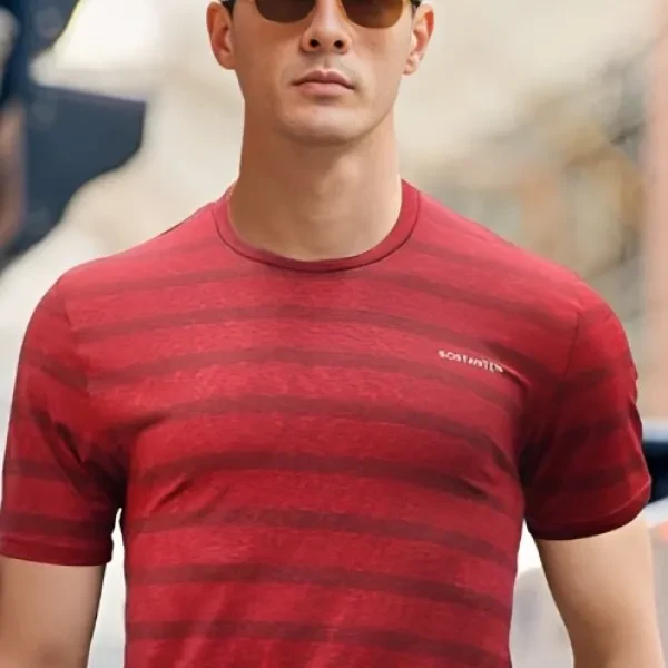 Red Stripes Men's Short Sleeve T-Shirt for Fashionable Summer Wear