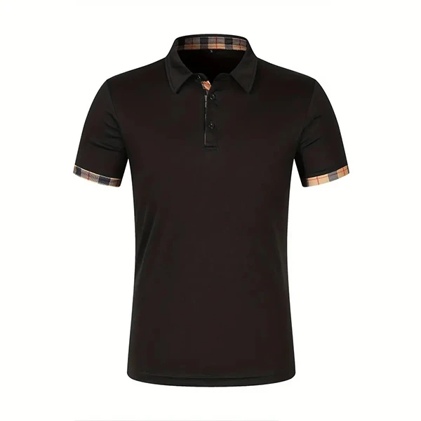 Premium Quality Two Tone Men Polo Shirt Button Closure Collar Neck Plaid Short S