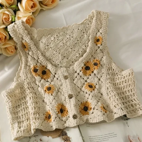 Sunflower Embroidered Cotton Sleeveless Knitted Crop Tops French Style Beach Sum