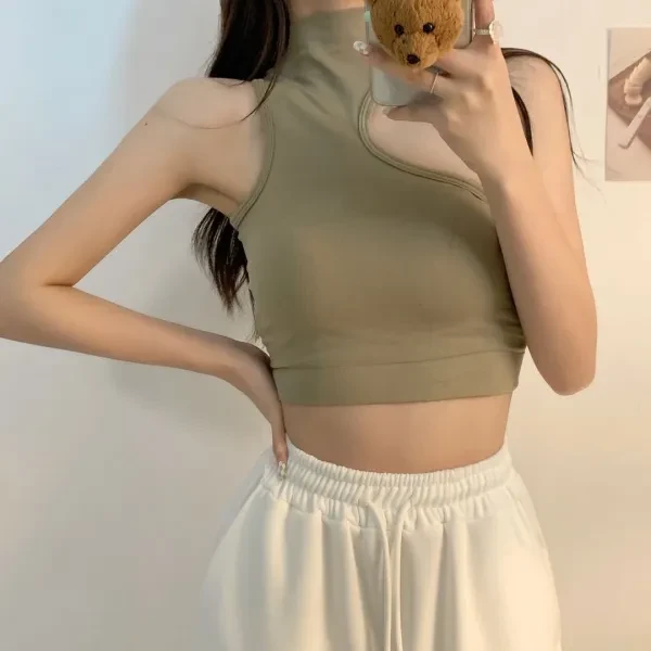 Green Cotton Blend Sleeveless High Neck Crop Top Women's Casual Mini