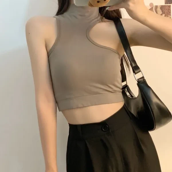 Green Cotton Blend Sleeveless High Neck Crop Top Women's Casual Mini