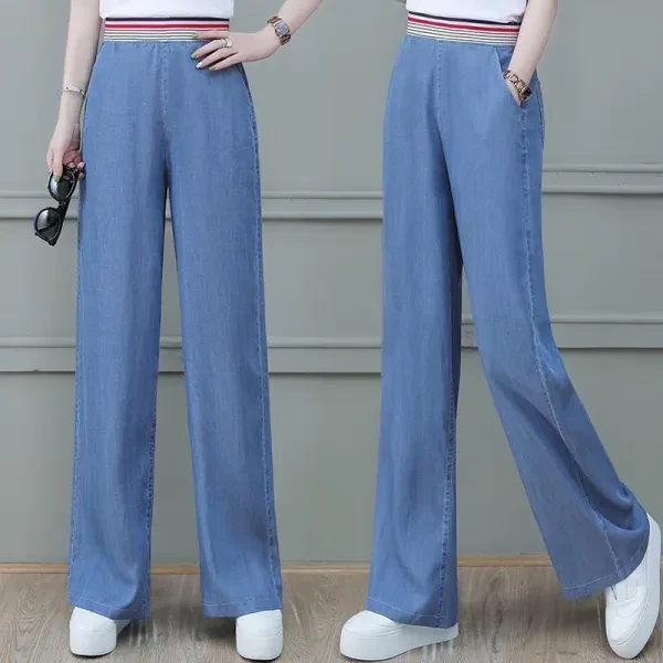 Colorful Stripes Elastic Waist Denim Wide Leg Women Jeans Double Pocket Loose Dr