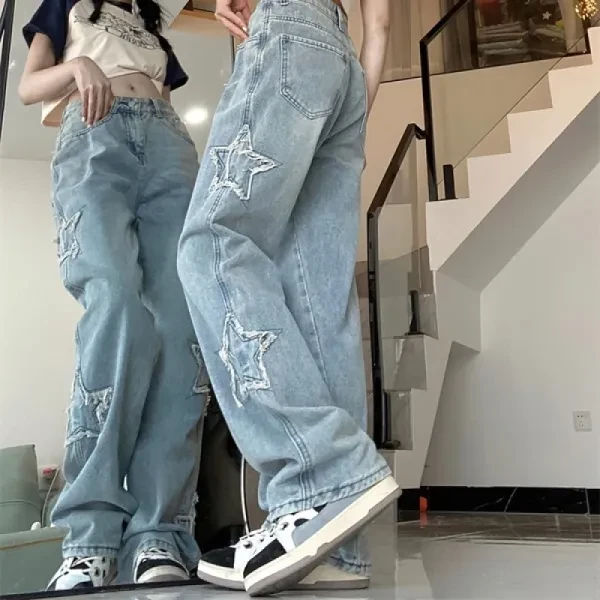 Star Decor High Waist Jeans Korean Style Hip Hop Straight Denim Jeans for Women