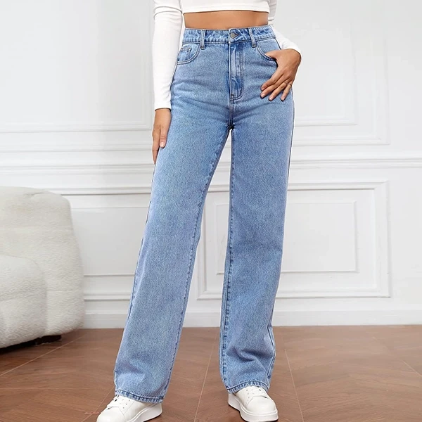 Blue Color High Waist Button Closure Straight Leg Denim Jeans For Women