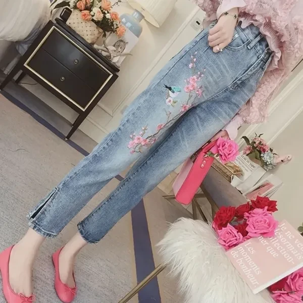 Vintage High Waist Embroidery Split Design Ankle Length Casual Wear Denim Jeans