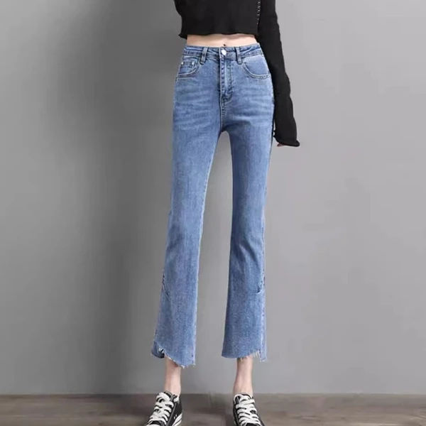 Blue Denim Button Jeans for Women - Straight Fit Full-Length Pant