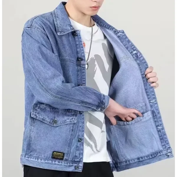Men's Black Denim Jacket - Multi Pocket Collar Neck Full Sleeves Button-Up Closu