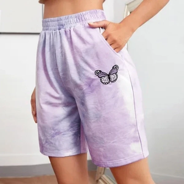 Embroidery Butterfly Print Lavender Tie Dye Elastic Waist Casual Wear Sweats Sho