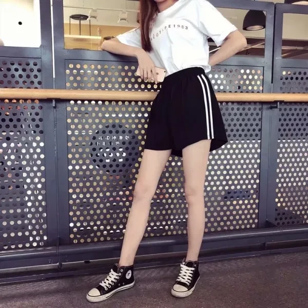 Women's Striped Sports Shorts with Elastic Waist & Pockets