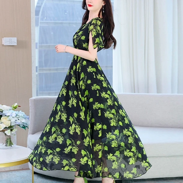 Summer Floral Print Pleated Waist Prom Dress Casual Party Beach Wear Long Midi D