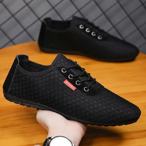 Hollow Breathable Mesh Design Men Casual Flat Shoes Lace Closure Almond Toe Walk