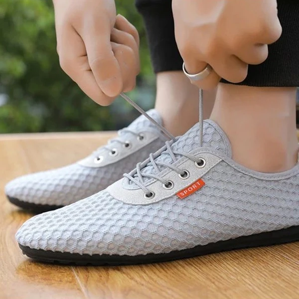 Hollow Breathable Mesh Design Men Casual Flat Shoes Lace Closure Almond Toe Walk