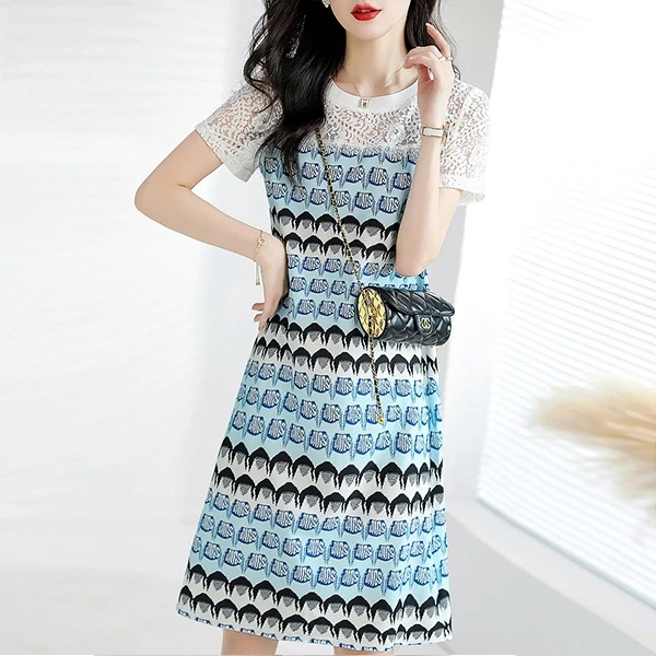 Random Design Lace Floral Crew Neck Short Sleeves Women Casual Mini Bodycon Dres