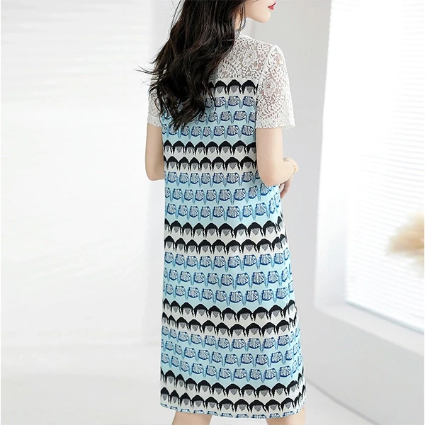 Random Design Lace Floral Crew Neck Short Sleeves Women Casual Mini Bodycon Dres