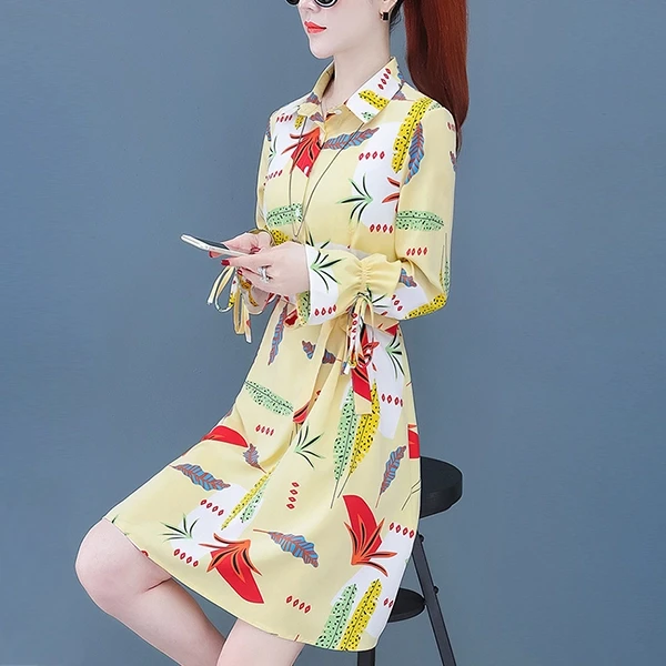 Apricot Cocktail Women's Fashion Shirt Dress, Mid-Length Long Sleeve, Waist Slim