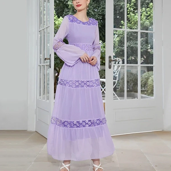 Floral Layer Design Round Neck Full Sleeves Tulle Overlay Maxi Charming Abaya Dr