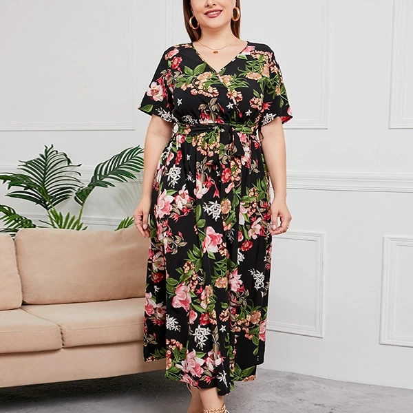 Boho Floral Printed Wrap V Neck Short Sleeves Plus Size Maxi Length Women Belted
