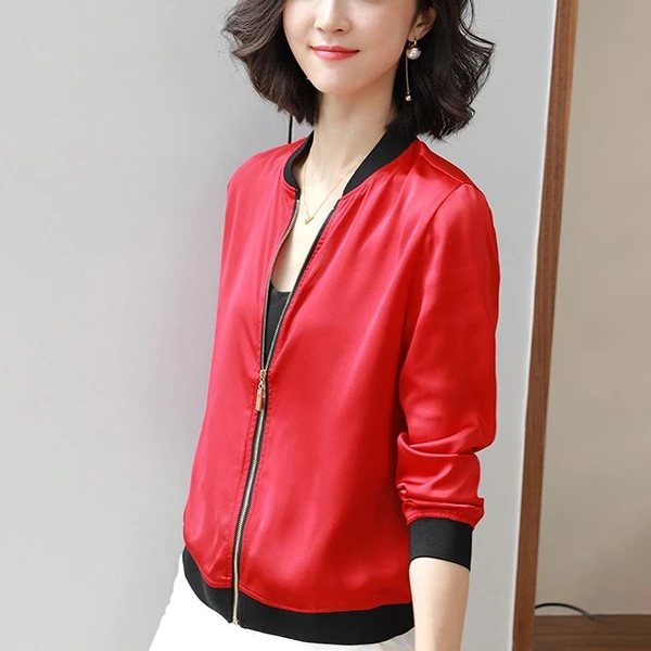 Red Stand Collar Jacket with Quarter Sleeves - Stylish Women's Windbreaker (Slim