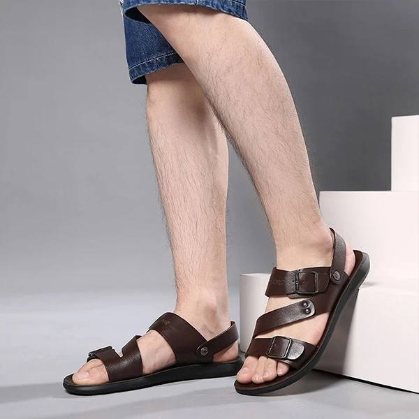 Brown Synthetic Leather Slip On Men's Sandals with Buckle