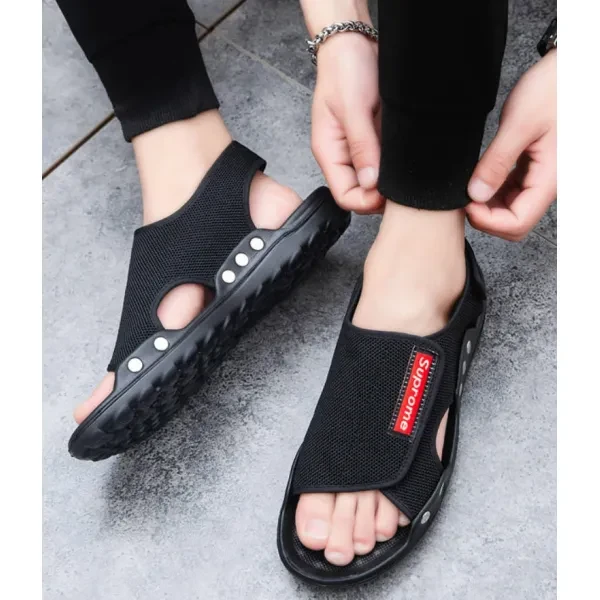 Breathable Mesh Fabric Flat Bottom Men Sandals Letters Patch Velcro Closure Non