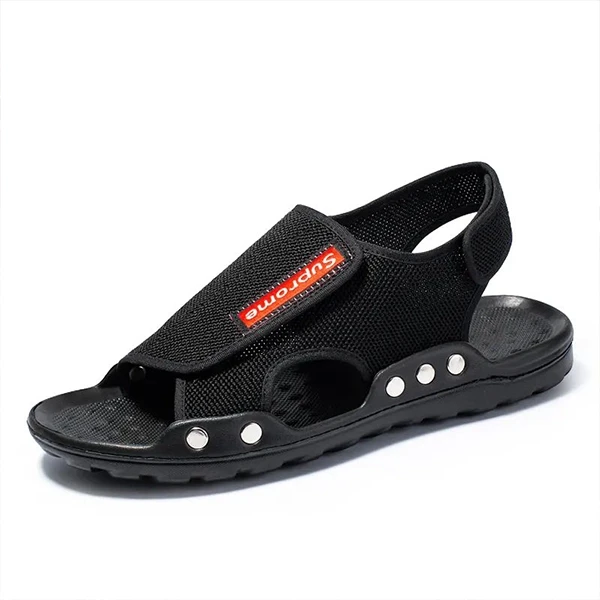 Breathable Mesh Fabric Flat Bottom Men Sandals Letters Patch Velcro Closure Non
