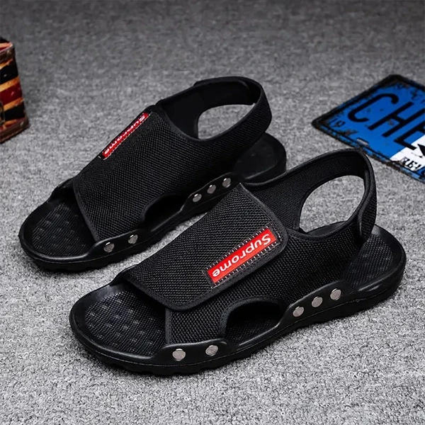 Breathable Mesh Fabric Flat Bottom Men Sandals Letters Patch Velcro Closure Non