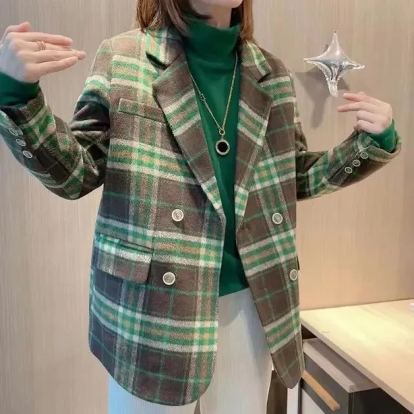 Plaid Lapel Neck Women's Blazer - Stylish Double Breasted Coat for Casual Outfit