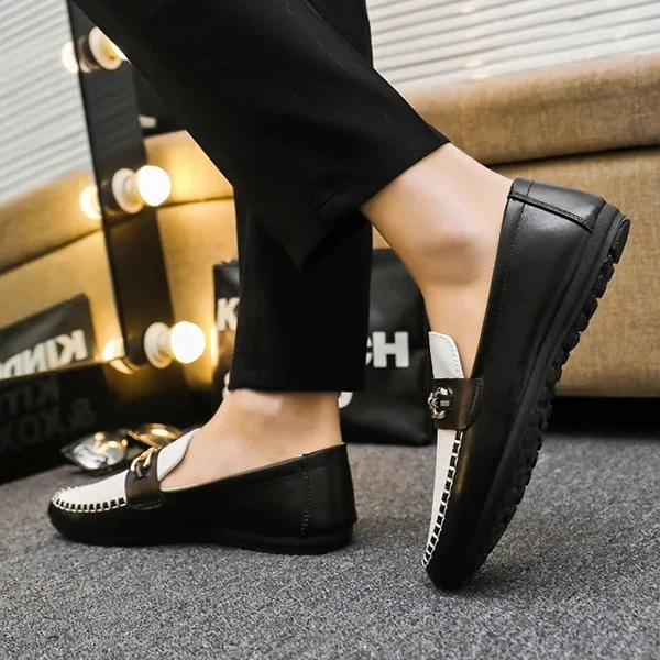 Premium PU Leather Men's Loafers - Black/White Slip On Formal & Casual