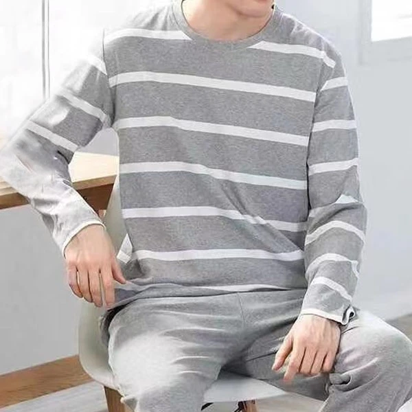 Men's White Stripes Sleepwear Set - Soft Cotton Top & Elastic Waist Pajama