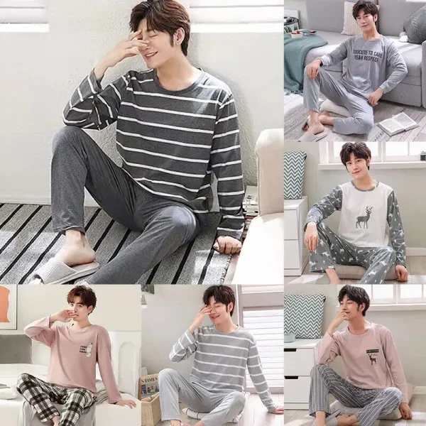 Stripes Print Men's Pajama Set | Dark Gray | Long Sleeves | Elastic Waist