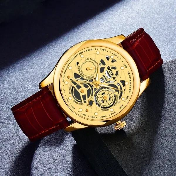 Golden Style Sports Quartz Men Watch, Hollow Quartz Watch With Casual Faux Leath