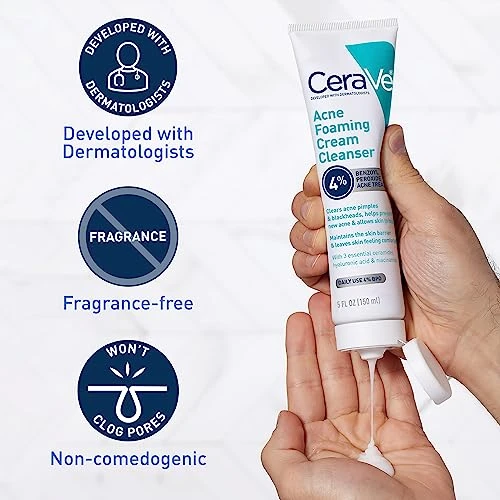CeraVe Acne Foaming Cream Cleanser Effective 4% Benzoyl Peroxide Treatment, Hyal