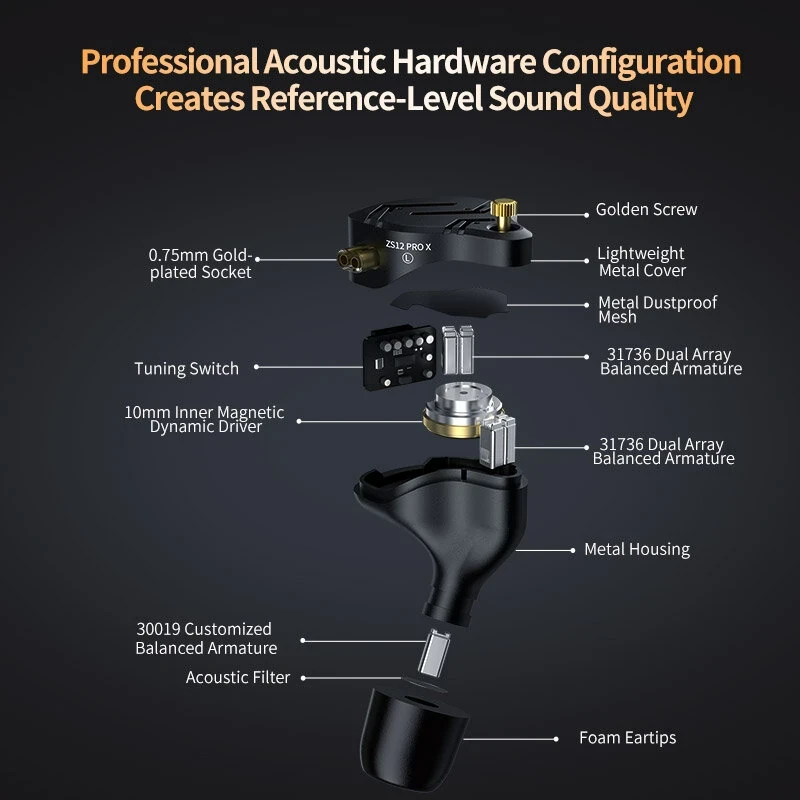 KZ-ZS12 PRO X Earbuds - 5BA+1DD, 12 Drivers, HiFi Bass, In-Ear Monitor, 3.5mm Wi