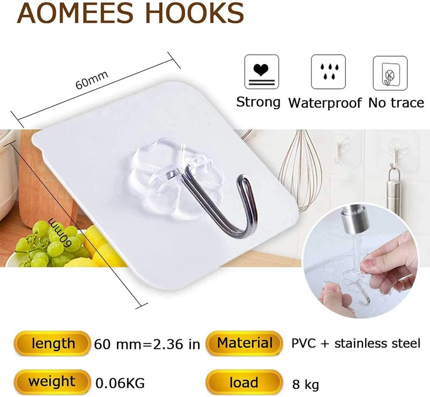 Sky-Touch Adhesive Hooks Heavy Duty Wall Hooks 20Pack 8Kg Max, Self Adhesive Hoo