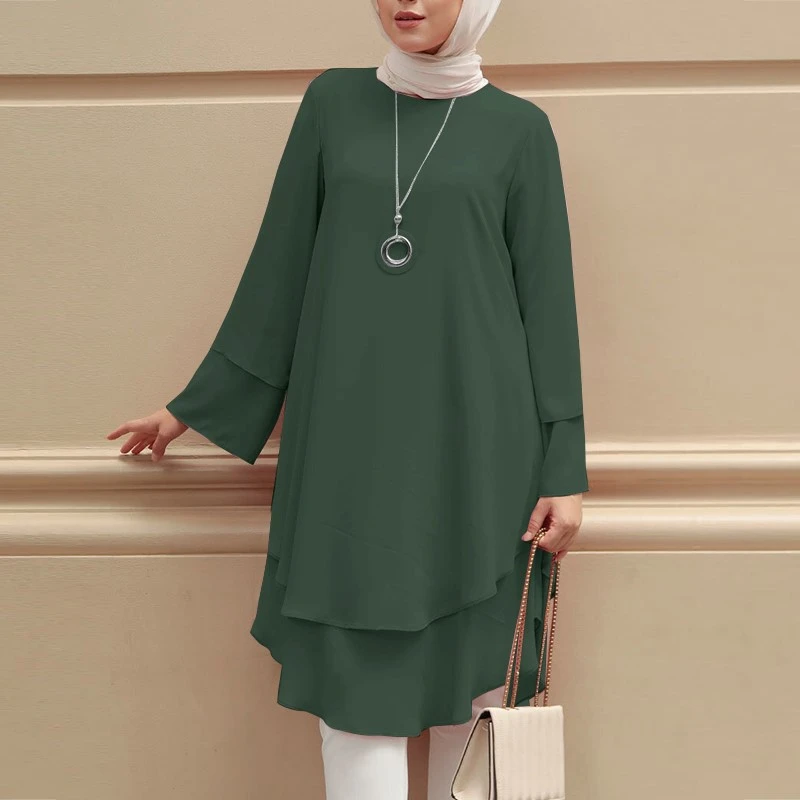 Two-layer Design Shirt Round Neck Solid Color Elegant Holiday Party Top Turkish 