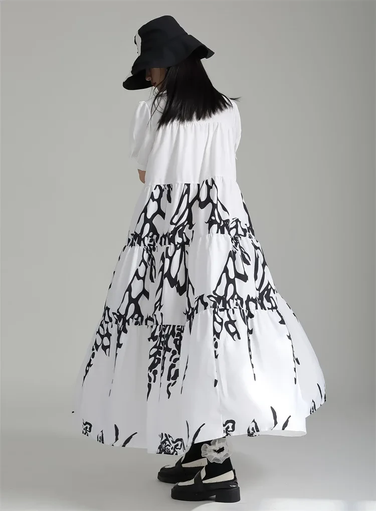 Tannt Women Dress Short Sleeves Printing Shirts Dresses Black White Vintage Long