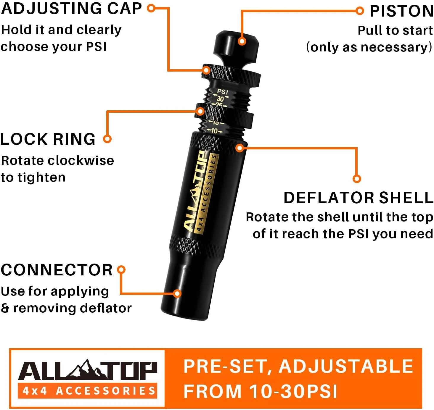 ALL-TOP Adjustable Auto-Stop Tire Deflator Valve Kit (10-30 PSI) 4 PCS Screw-on 
