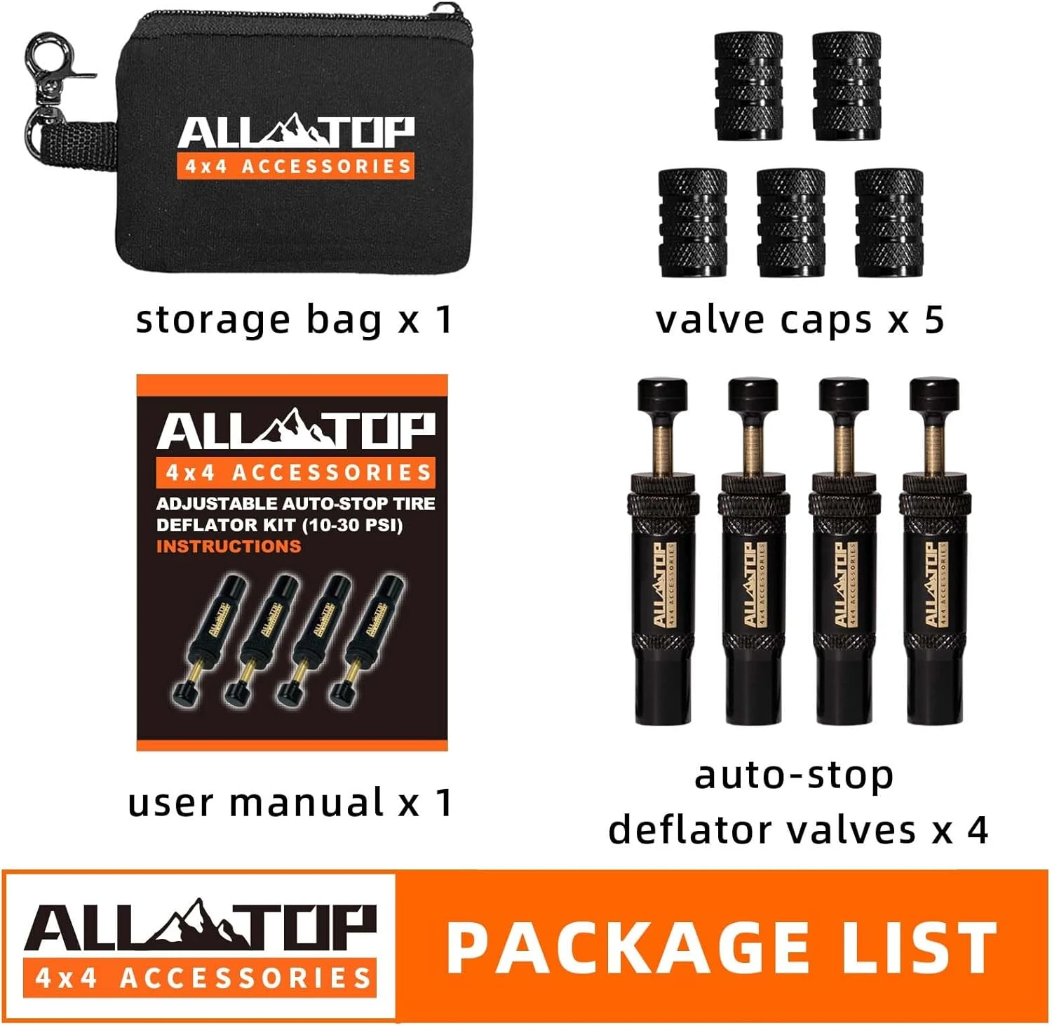 ALL-TOP Adjustable Auto-Stop Tire Deflator Valve Kit (10-30 PSI) 4 PCS Screw-on 