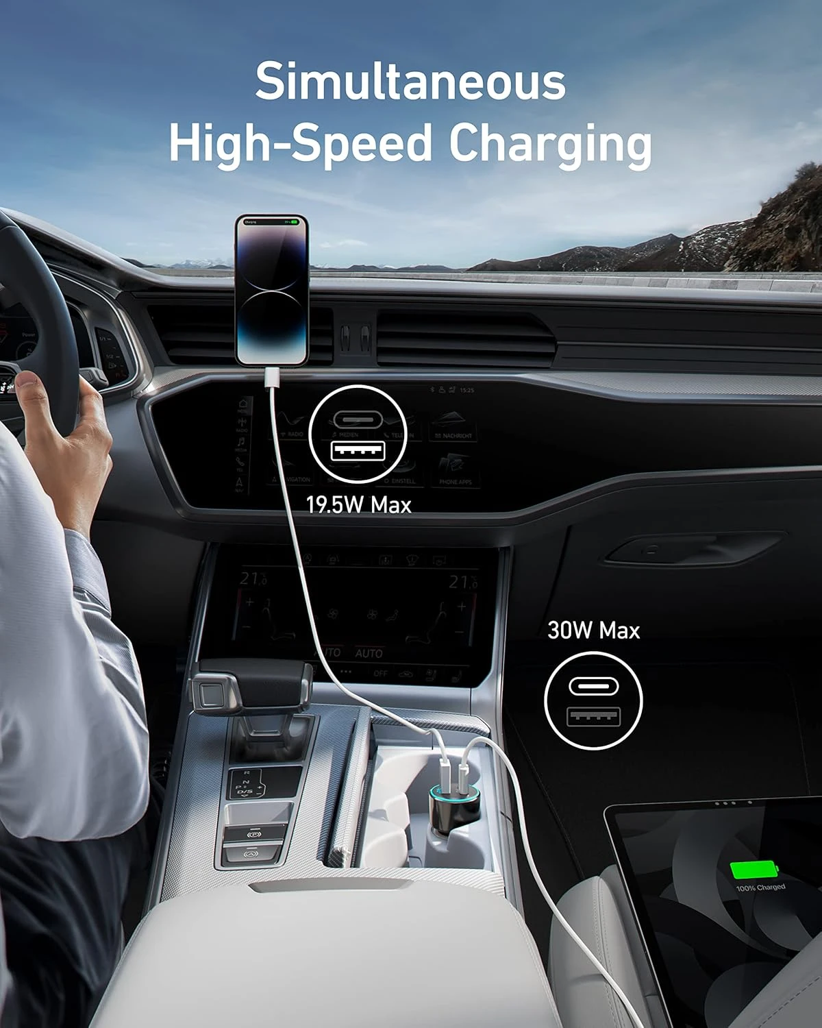 Anker Auto Ladegerät PowerDrive Speed+ 2, USB C Kfz Ladegerät 2 Port 49W mit Pow