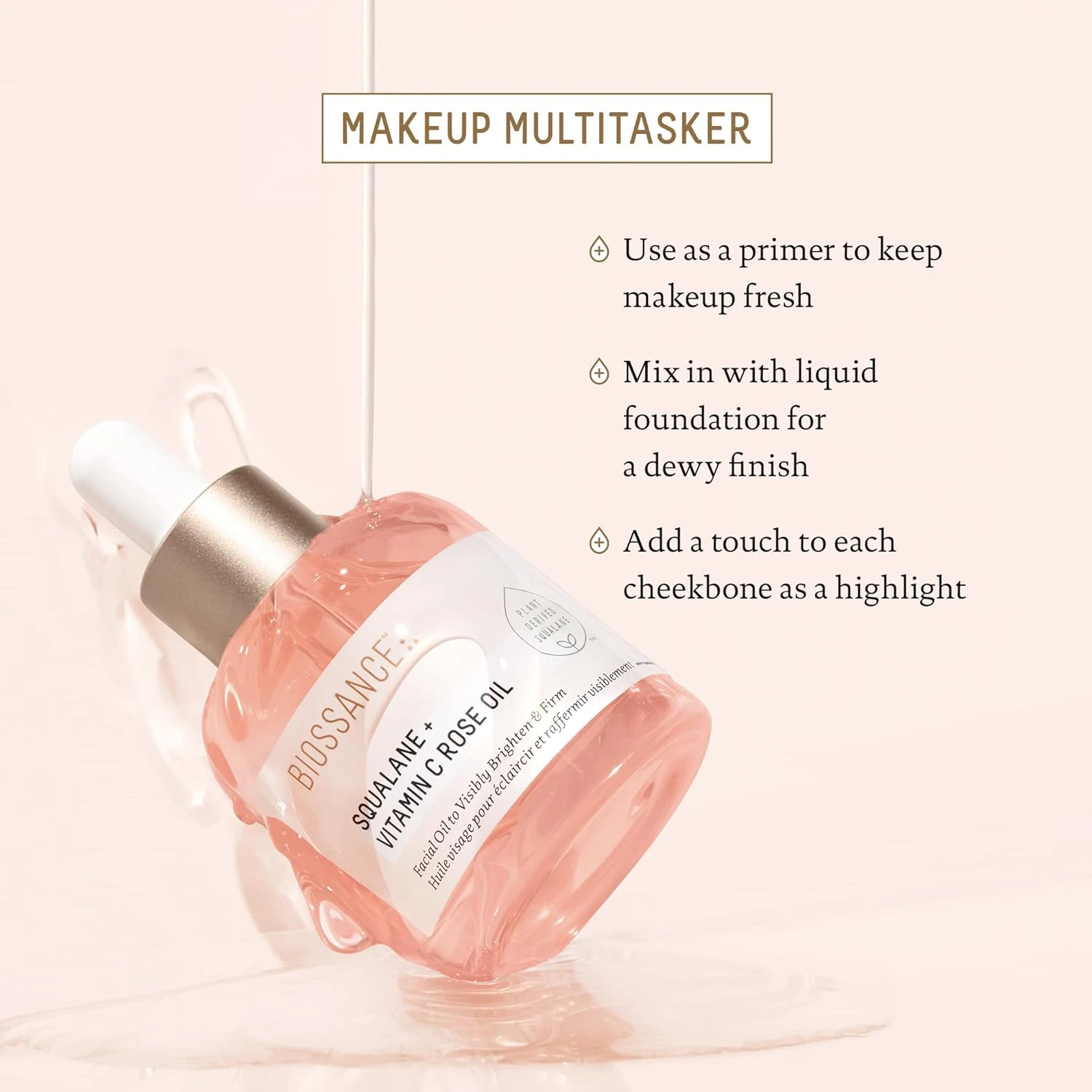 BIOSSANCE Squalane and Vitamin C Rose Oil. Facial Oil to Visibly Brighten, Hydra