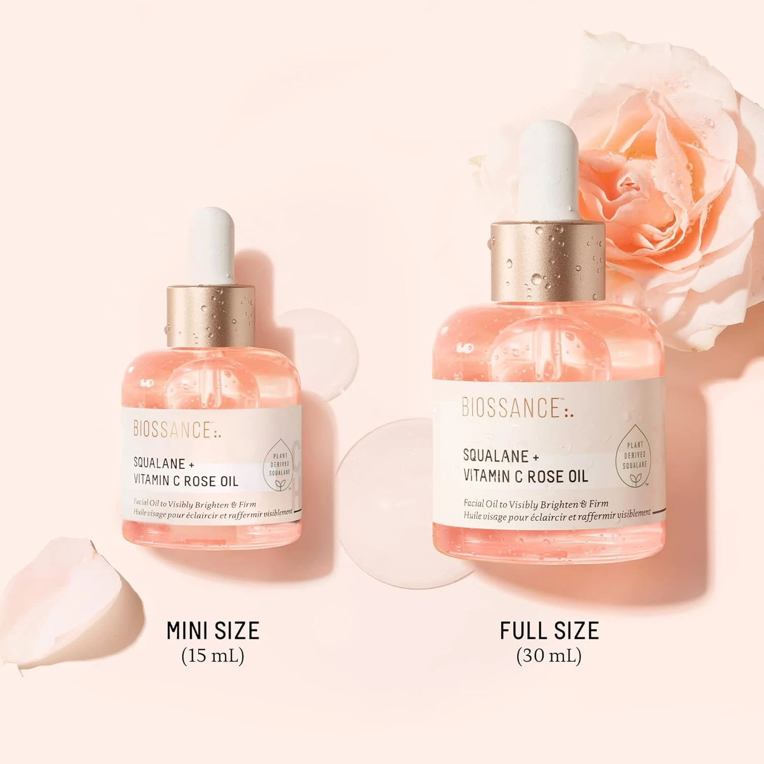 BIOSSANCE Squalane and Vitamin C Rose Oil. Facial Oil to Visibly Brighten, Hydra