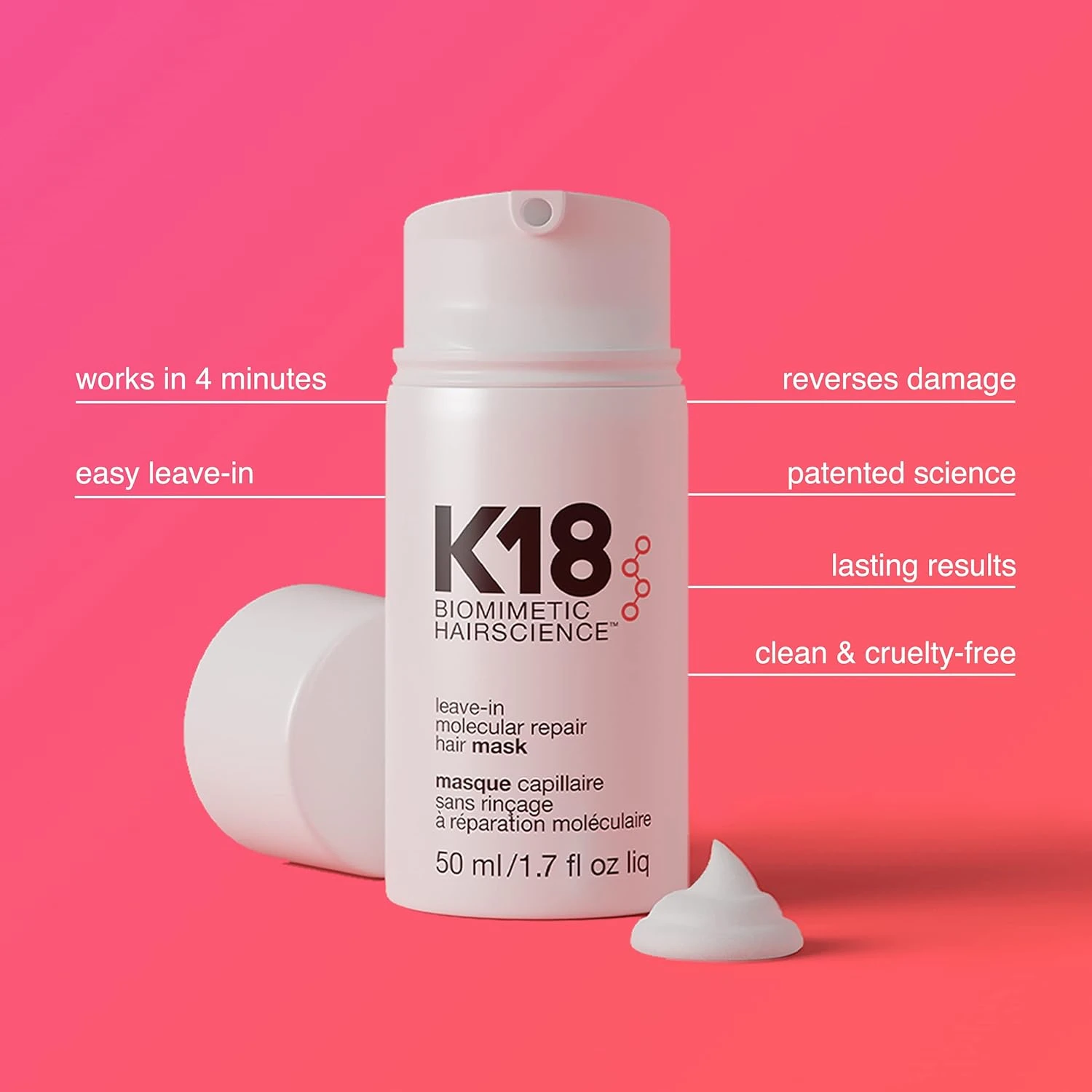 K18 Leave-In Molecular Hair Mask, Repairs Dry or Damaged Hair, Reverse Hair Dama