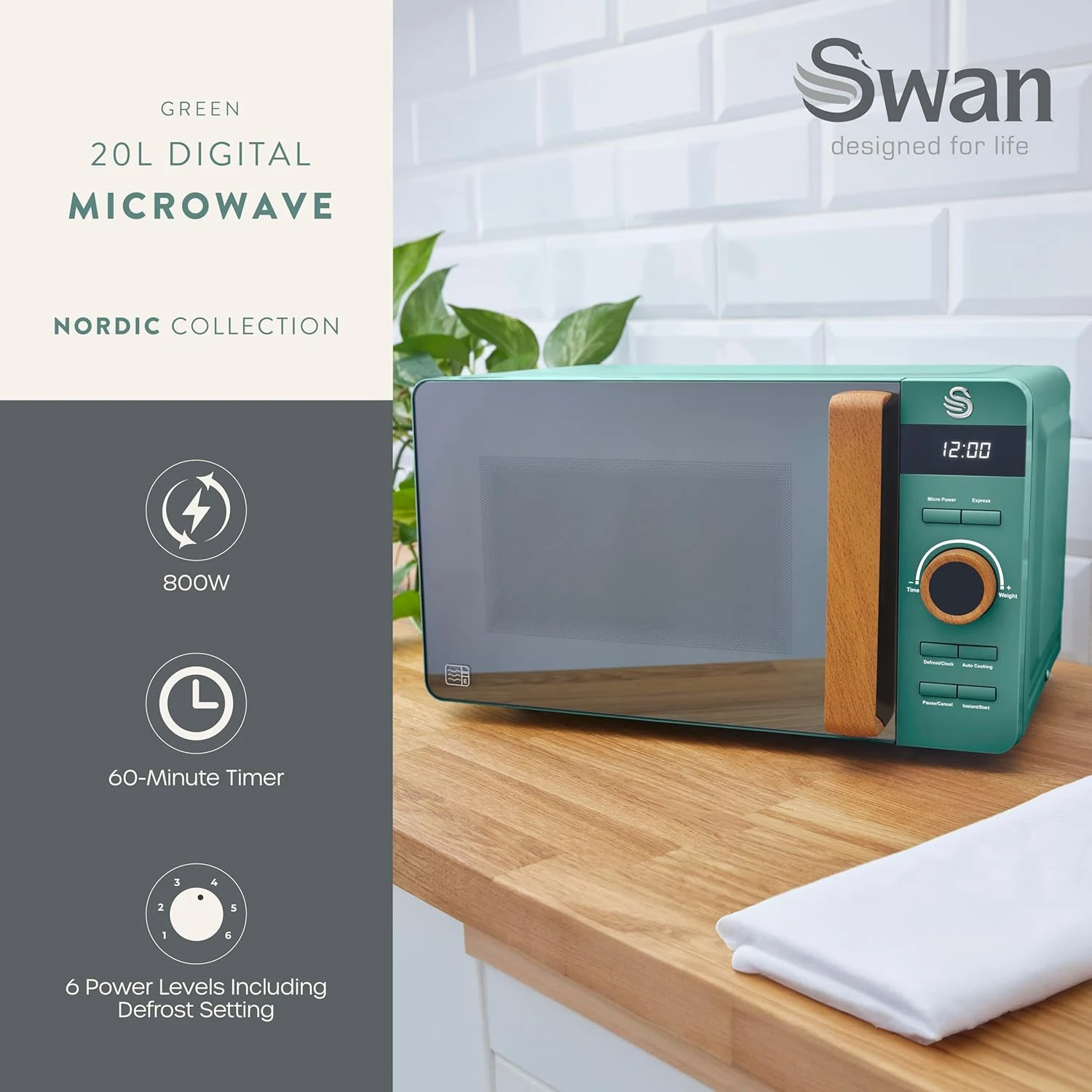 Swan SM22036LGREN Nordic LED Digital Microwave with Glass Turntable, 6 Power Lev