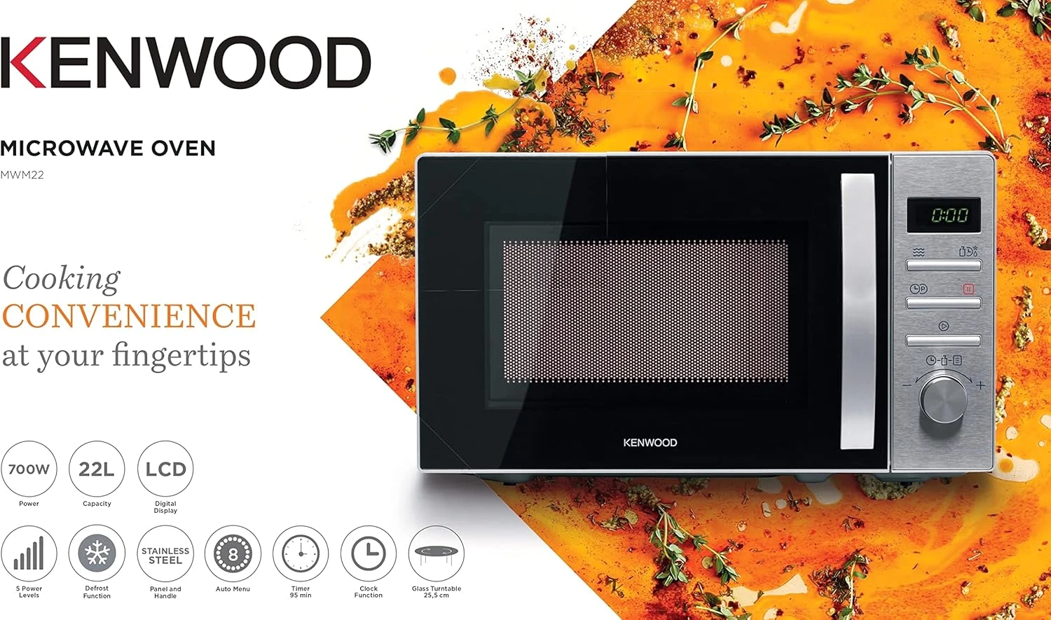 KENWOOD 22L Microwave Oven with Digital Display, 5 Power Levels, Defrost Functio