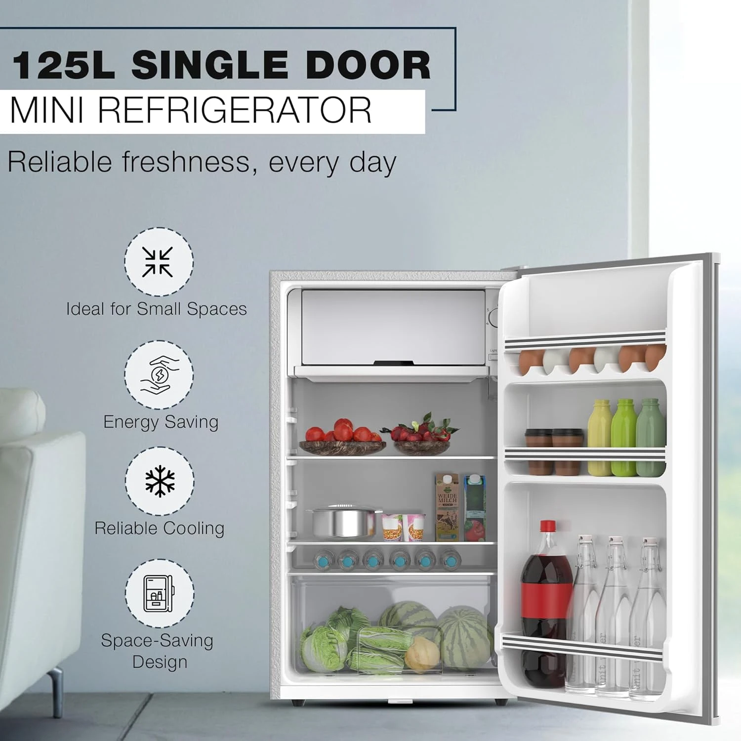Nikai 125L Gross/90L Net, Single Door Mini Refrigerator, Compact Small Size Frid